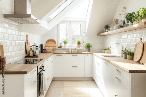 A Scandinavian kitchen featuring clean, white surfaces, natural wood accents, and minimalist decor. The space is flooded with natural light from skylights above. photo