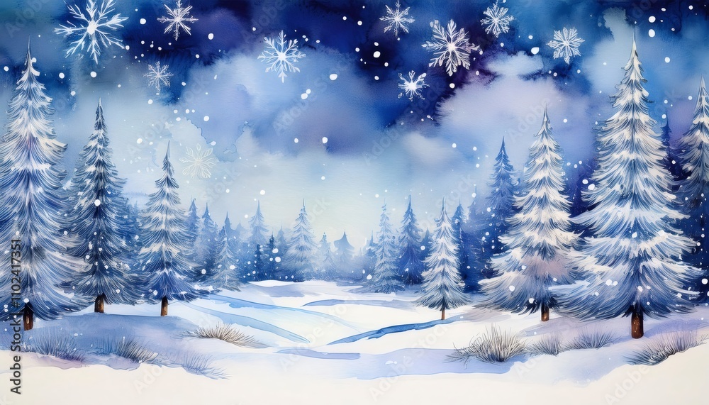 Watercolor painting capturing the tranquil beauty of a winter wonderland with snow covered pine trees and a festive, serene atmosphere Watercolor painting capturing the tranquil beauty of a winter wonderland with snow covered pine trees and a festive, serene atmosphere
