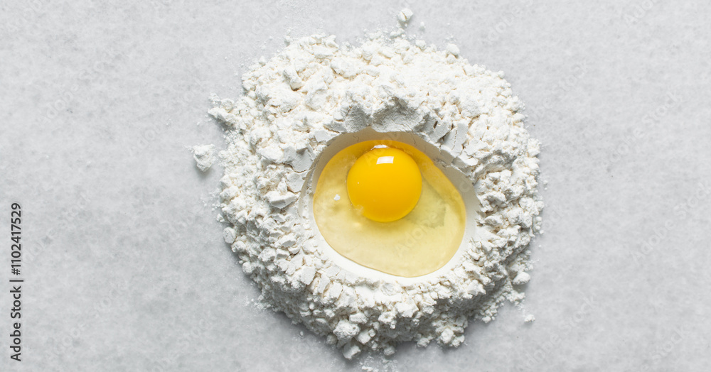Overhead view of flour and egg being mixed on a white countertop, process of making pasta and egg noodles Overhead view of flour and egg being mixed on a white countertop, process of making pasta and egg noodles