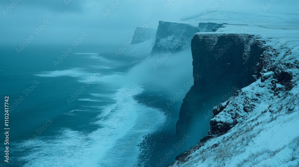 Winters Embrace Dramatic Coastal Cliffs and a Moody, Foggy Nordic Sea in Natural Colors Winters Embrace Dramatic Coastal Cliffs and a Moody, Foggy Nordic Sea in Natural Colors