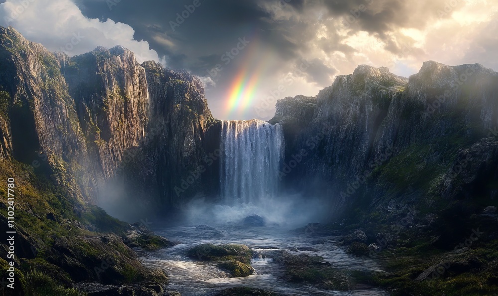A breathtaking waterfall framed by rocky cliffs under a dramatic rainbow and moody sky A breathtaking waterfall framed by rocky cliffs under a dramatic rainbow and moody sky