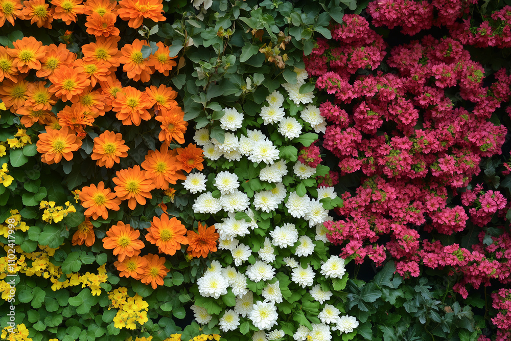 Naklejka premium Flowers wall background, wedding decoration, hand made Beautiful flower wall background