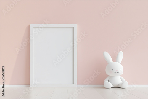 Mockup of vertical white poster in wooden frame, staying on wooden floor, near white bunny toy, Scandinavian style