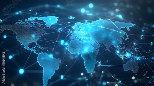 A light blue background with a digital world map and global network connections, representing the concept of international business or connectivity Generative AI


