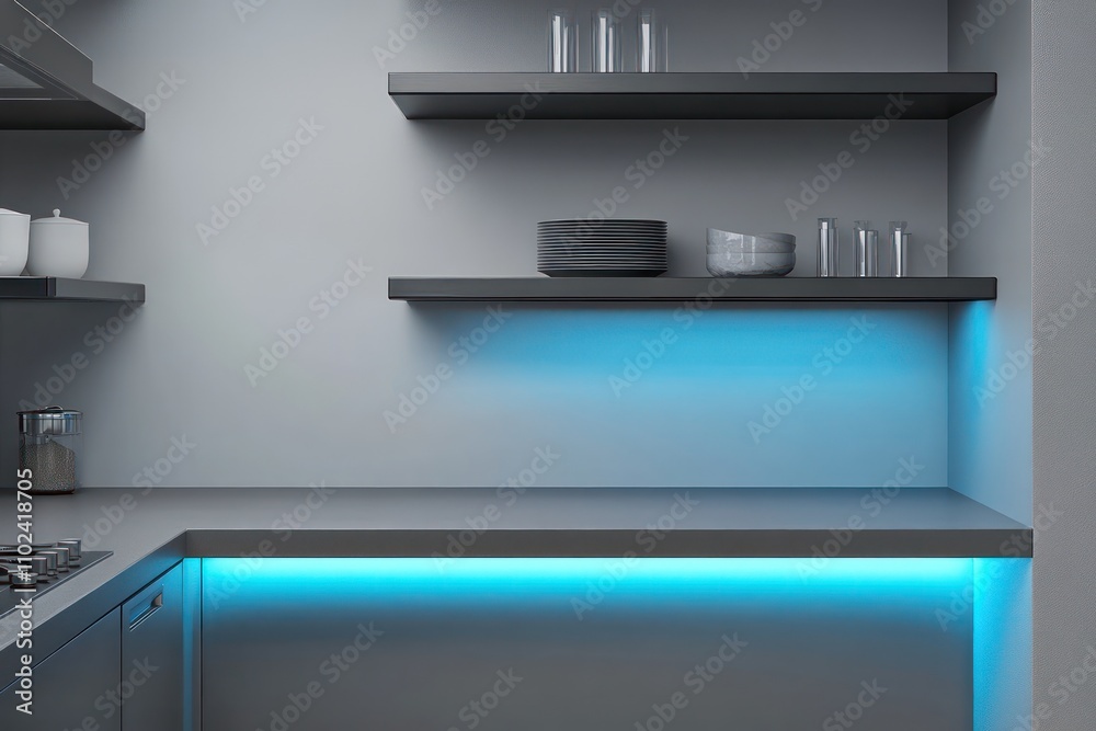 An ultra-modern kitchen with a neon blue light under the countertops, sleek gray surfaces, and floating shelves. An ultra-modern kitchen with a neon blue light under the countertops, sleek gray surfaces, and floating shelves.