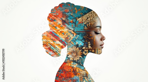 Double exposure art of a woman's profile blending intricate floral and geometric patterns, creating a harmonious fusion of nature and creativity in vivid colors.