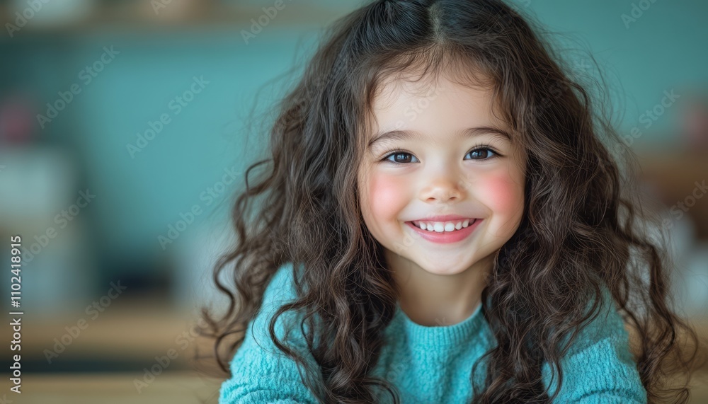 Young girl with curly hair smiles happily while sitting at a wooden table indoors Young girl with curly hair smiles happily while sitting at a wooden table indoors