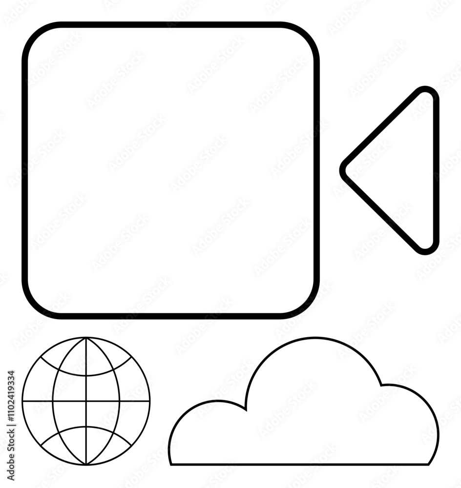 Video camera, globe, and cloud in black outline. Ideal for technology, streaming, online communication, global connectivity, cloud computing video production digital platforms. Line metaphor Video camera, globe, and cloud in black outline. Ideal for technology, streaming, online communication, global connectivity, cloud computing video production digital platforms. Line metaphor