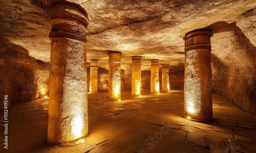 Illuminated underground chamber with stone pillars photo