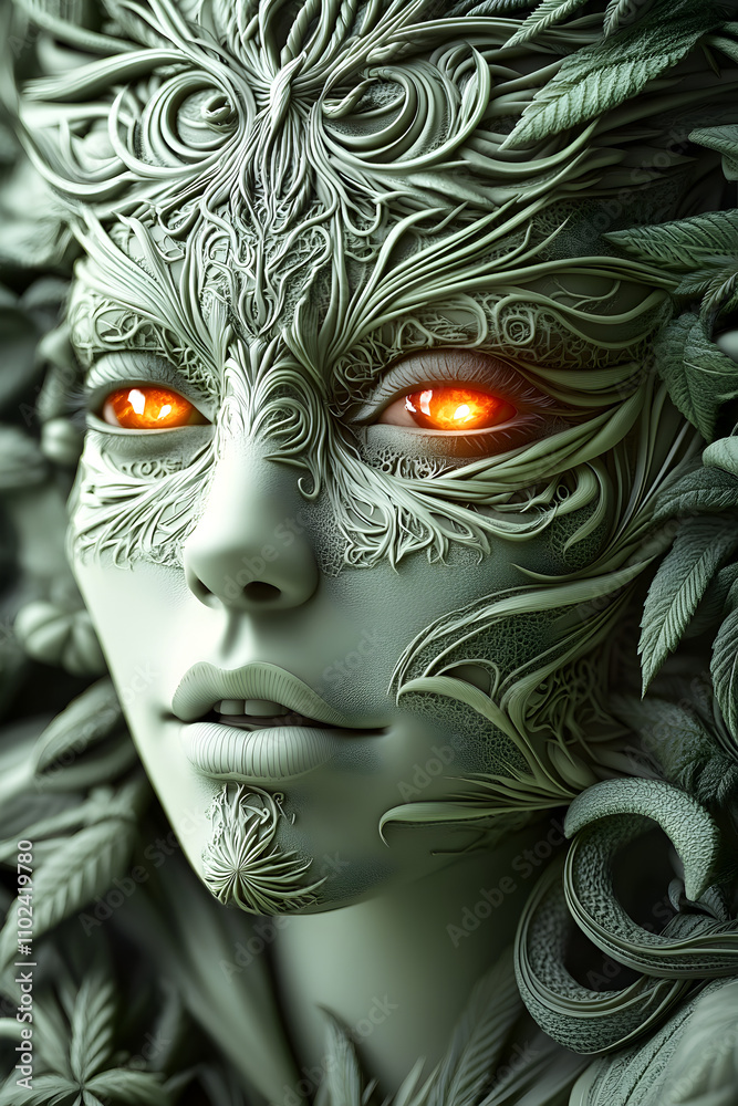 digital art, 3D, highly complex design, low relief style image, close up facial shot of a cannabis queen looking fiercly into the camera digital art, 3D, highly complex design, low relief style image, close up facial shot of a cannabis queen looking fiercly into the camera