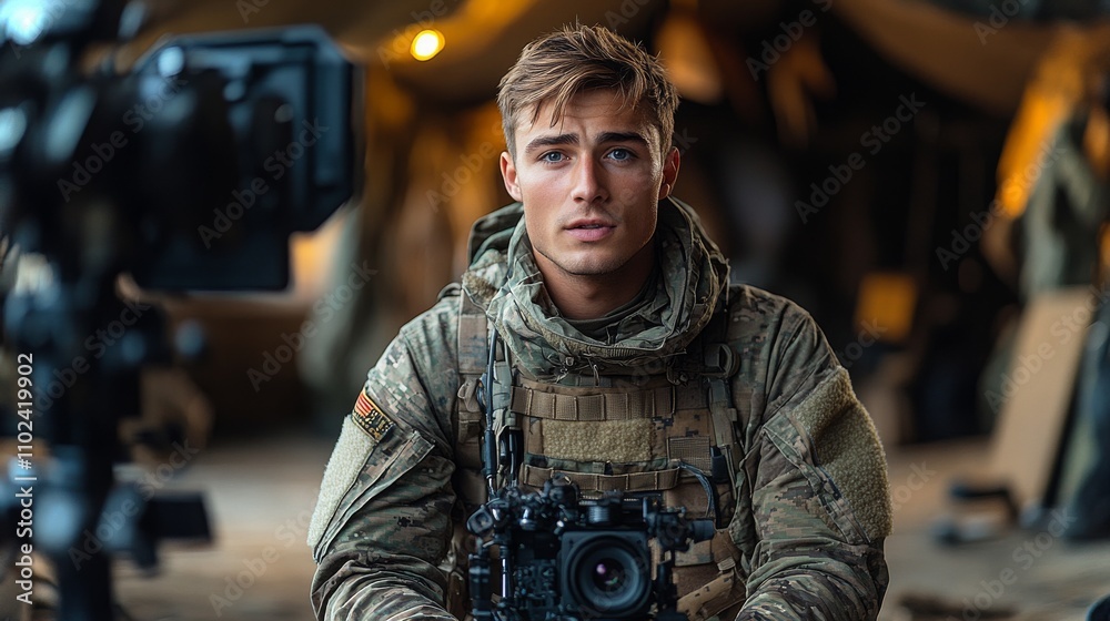 Veteran recording a presentation in military attire at a training camp during the day Veteran recording a presentation in military attire at a training camp during the day