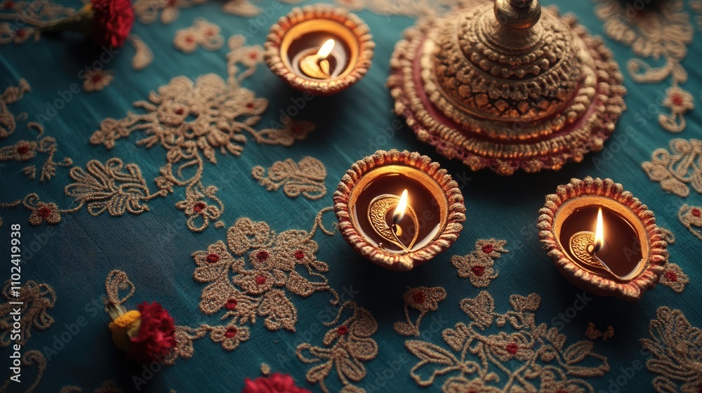 Illuminated diyas and ornate pot on embroidered fabric. Illuminated diyas and ornate pot on embroidered fabric.