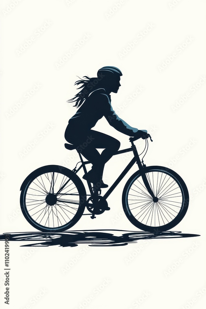 Fototapeta premium Silhouette of a young woman cycling, wearing a helmet, against a light background, conveying a sense of freedom and adventure.
