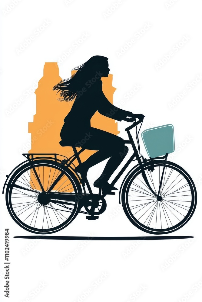 Obraz premium Silhouetted woman riding a bicycle against an orange skyline, capturing a sense of movement and freedom.