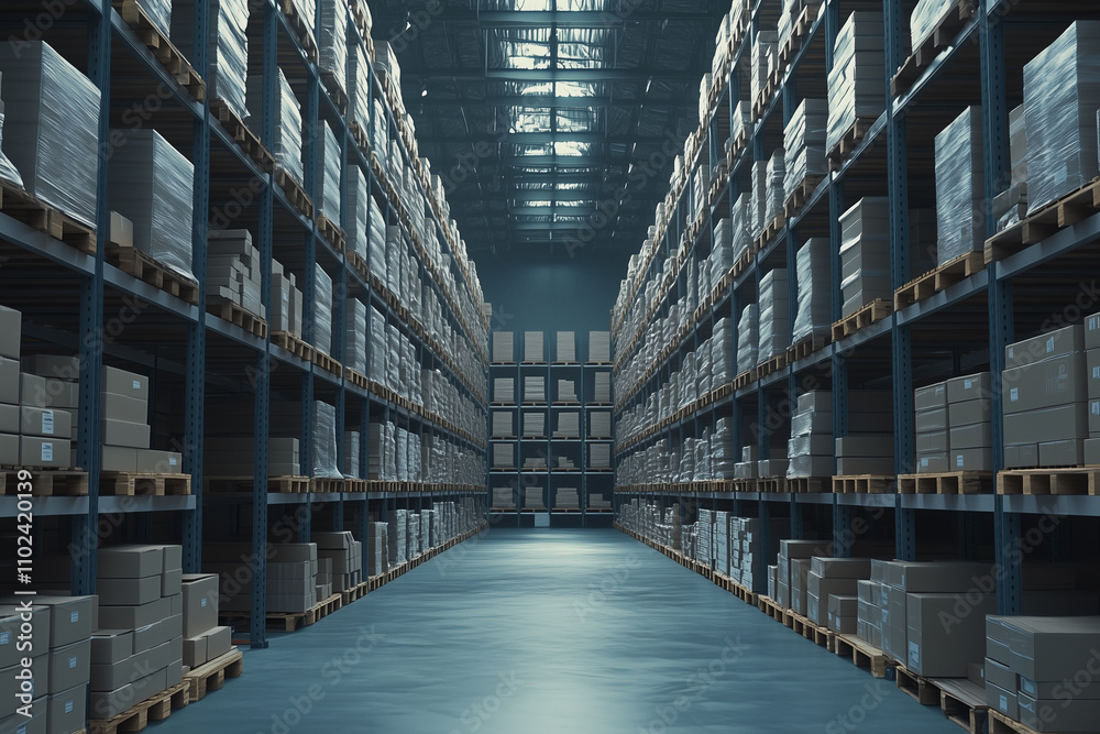 A large warehouse with many boxes stacked on shelves A large warehouse with many boxes stacked on shelves