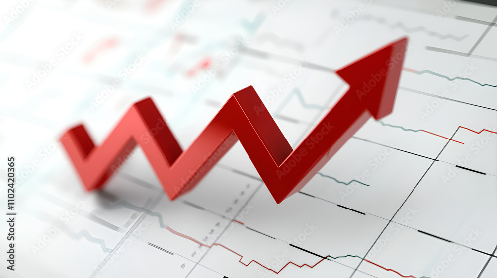 Red arrow graph rising trend with white wall background copy space. Red arrow graph rising trend with white wall background copy space.