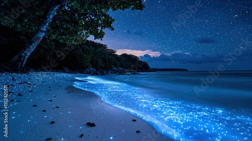 Nighttime bioluminescent beach travel destination nature photography serene environment starry viewpoint magical concept