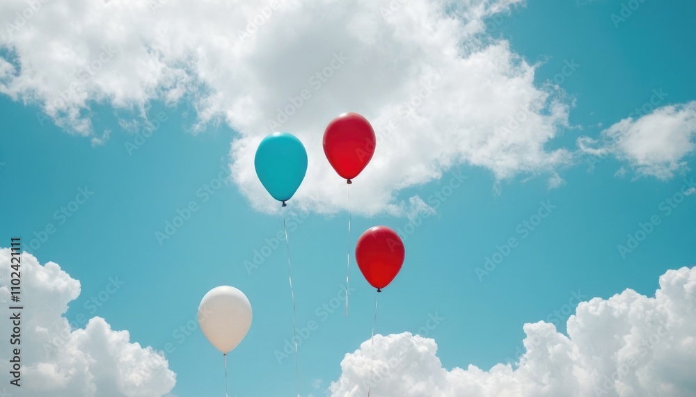 A white, red, and turquoise balloons, floating upwards, A white, red, and turquoise balloons, floating upwards,