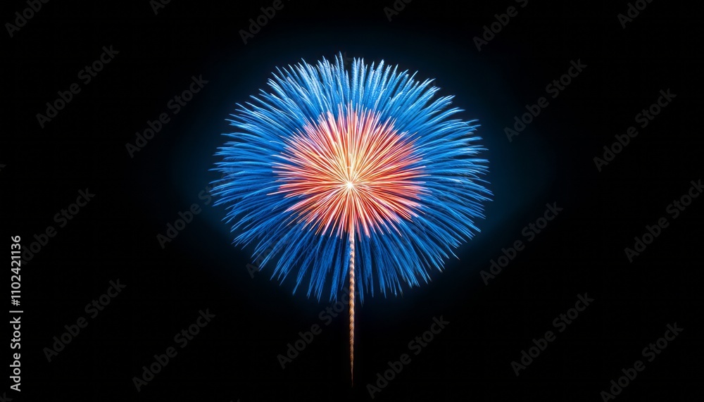 Explosive bursts of blue and red fireworks brighten the dark evening sky Explosive bursts of blue and red fireworks brighten the dark evening sky