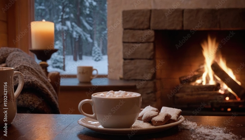 A winter wonderland with snow-covered trees and a cozy fireplace, a cup of hot chocolate on a table in the foreground A winter wonderland with snow-covered trees and a cozy fireplace, a cup of hot chocolate on a table in the foreground