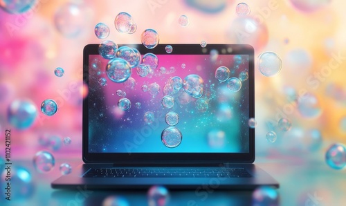 Open laptop on colorful, abstract background with 3D bubbles. Concept of technology, creativity, and digital workspaces