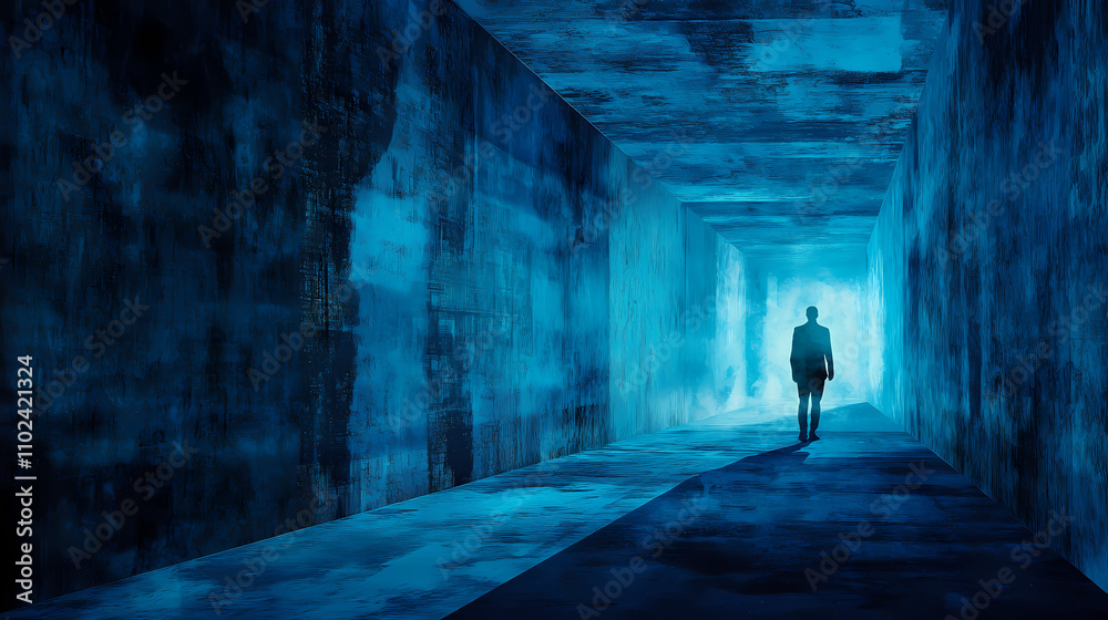 Intermediate place, liminal space bathed in shades of blue and black. liminal space for another dimension that leads to the unknown. Liminal. Illustration Intermediate place, liminal space bathed in shades of blue and black. liminal space for another dimension that leads to the unknown. Liminal. Illustration