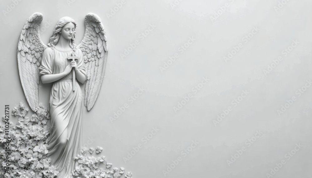 A serene angel figure is seen gracefully positioned with flowers against a light background A serene angel figure is seen gracefully positioned with flowers against a light background