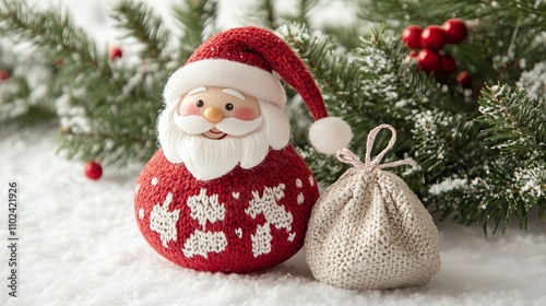 Santa Claus ornament with a smiling face and a gift bag on a white background