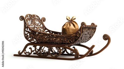 Vintagestyle sleigh with intricate details and a gift bag, isolated on a white background photo