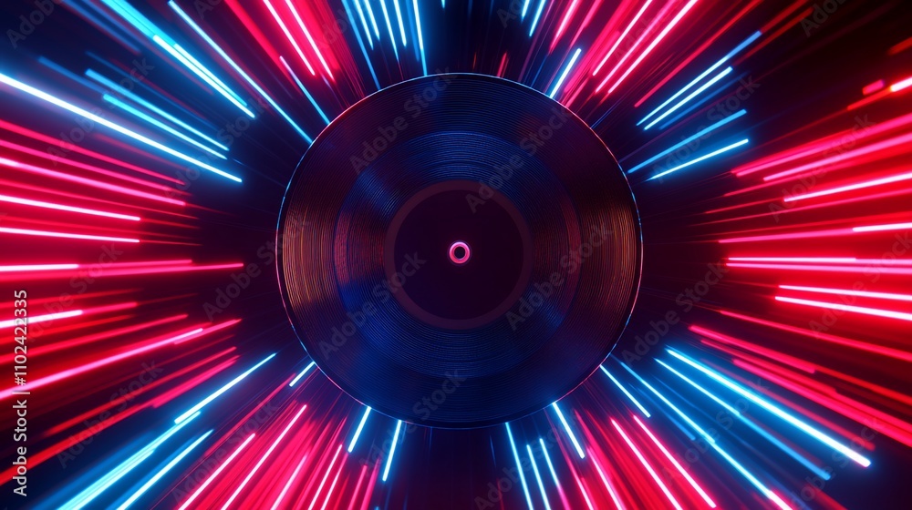 Abstract neon light rays radiating from a vinyl record. Abstract neon light rays radiating from a vinyl record.