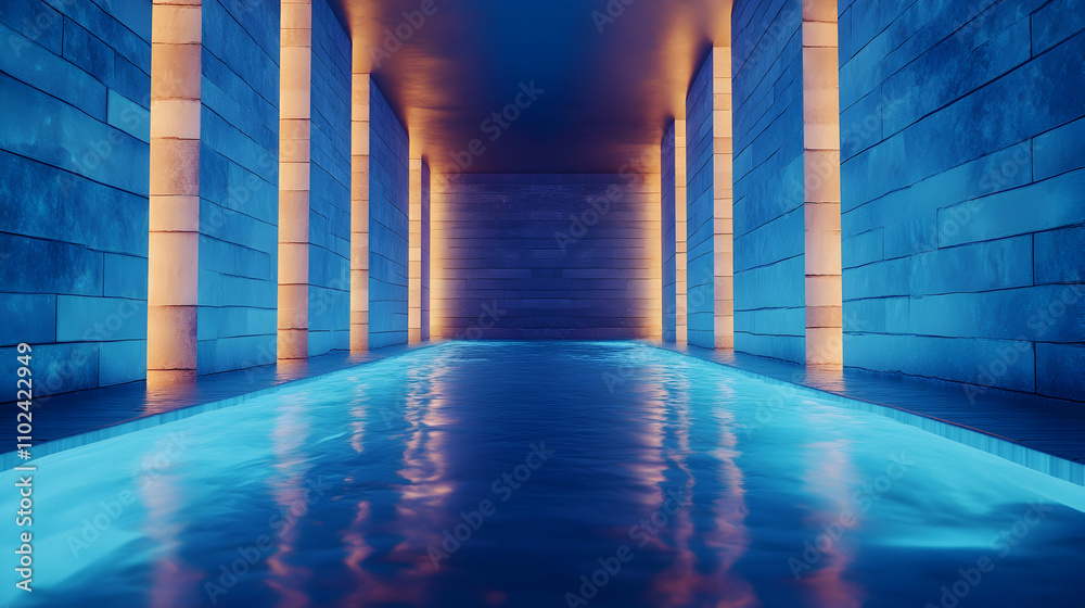 Modern Hallway with Illuminated Pool and Glowing Blue and Warm ...