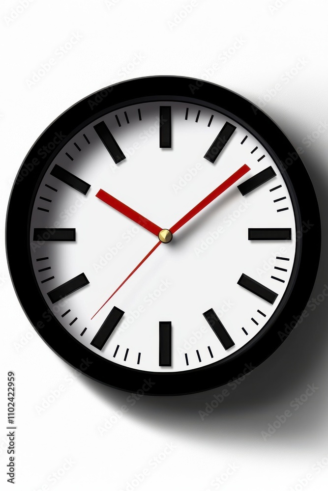 A modern wall clock with a minimalist design featuring a white face and black hour markers. A modern wall clock with a minimalist design featuring a white face and black hour markers.