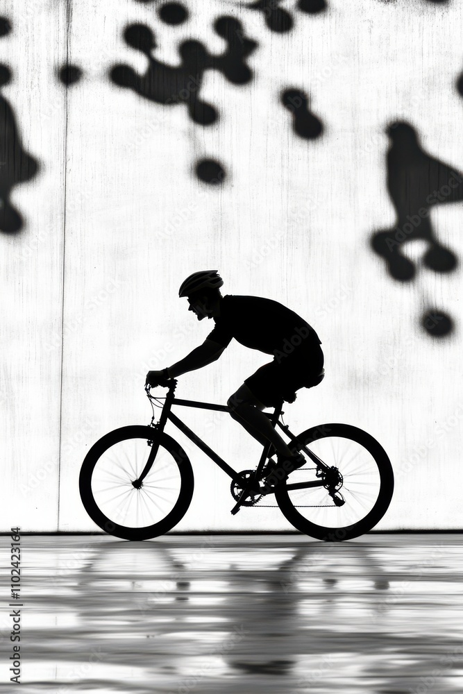 Obraz premium Silhouette of a male cyclist riding against a backdrop of dynamic shadows.