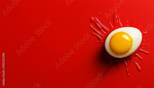 A cracked egg rests on bright red while the golden yolk spills out in a striking visual photo