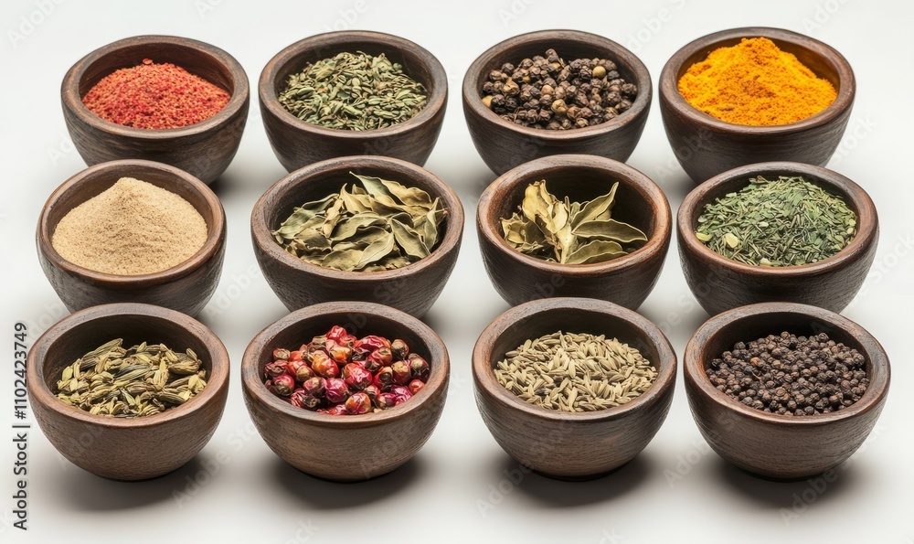 Variety of spices showing aromatic indian cuisine ingredients in bowls Variety of spices showing aromatic indian cuisine ingredients in bowls