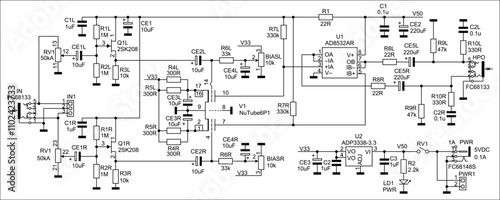 Schematic diagram of digital electronic device 
on paper sheet. Vector drawing electrical circuit with 
integrated circuit, led, 
capacitor, resistor, connector, other components.
