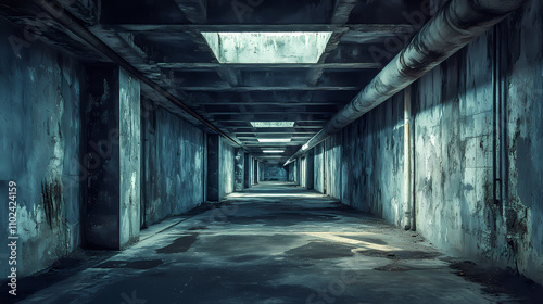 Abstract empty, modern concrete building rooms with corridor and rough floor - liminal industrial interior background template. Liminal. Illustration