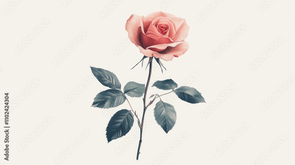 Elegant Long Stem Rose Isolated on White Background - A Beautiful Flower of Love and Beauty