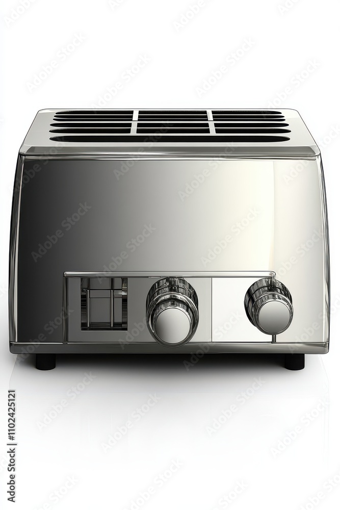 Sleek stainless steel toaster with modern design and two dials for browning control. Sleek stainless steel toaster with modern design and two dials for browning control.