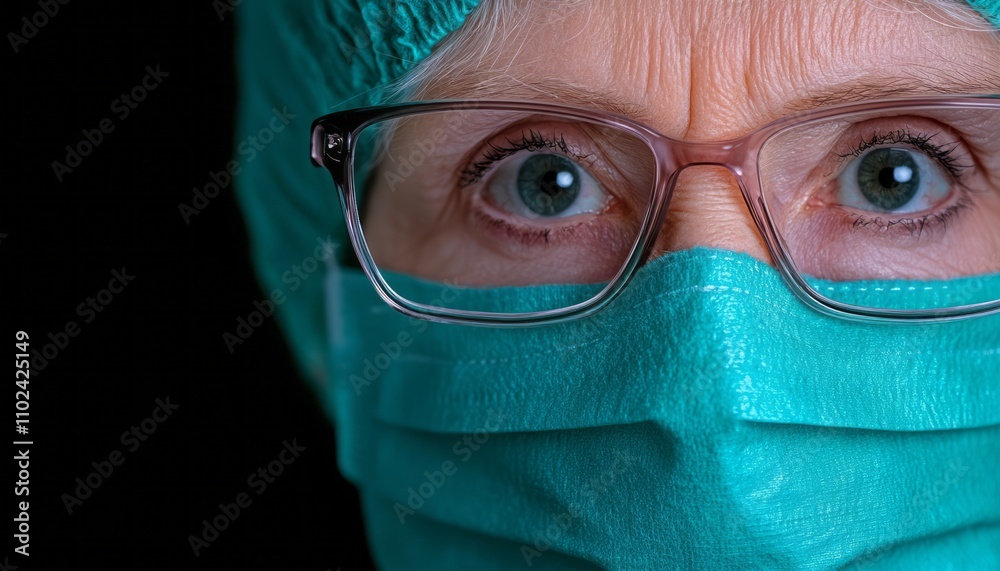 Elderly health worker displays concentration while wearing protective mask and glasses Elderly health worker displays concentration while wearing protective mask and glasses