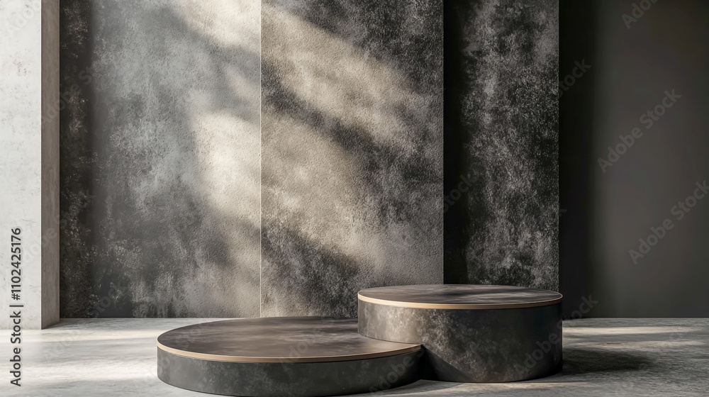 Black podium background for product presentation with dark paper on the wall,