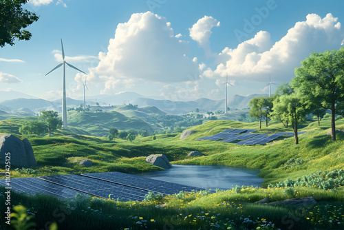 Solar panels and wind turbines thrive under bright skies in a lush, green, serene landscape photo