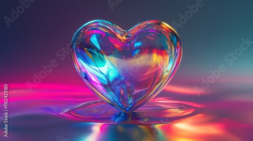 Holographic 3D heart with rainbow effects in retro-futuristic style photo