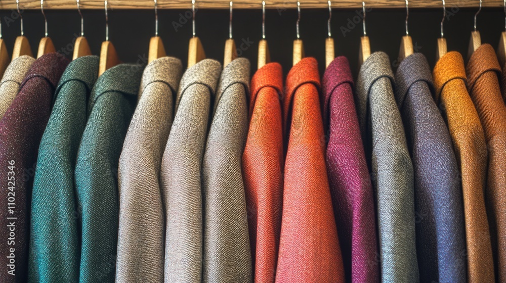 Collection of Stylized Suits Hanging on Hangers in Various Vibrant Colors - Retail Clothing Display Closeup Collection of Stylized Suits Hanging on Hangers in Various Vibrant Colors - Retail Clothing Display Closeup