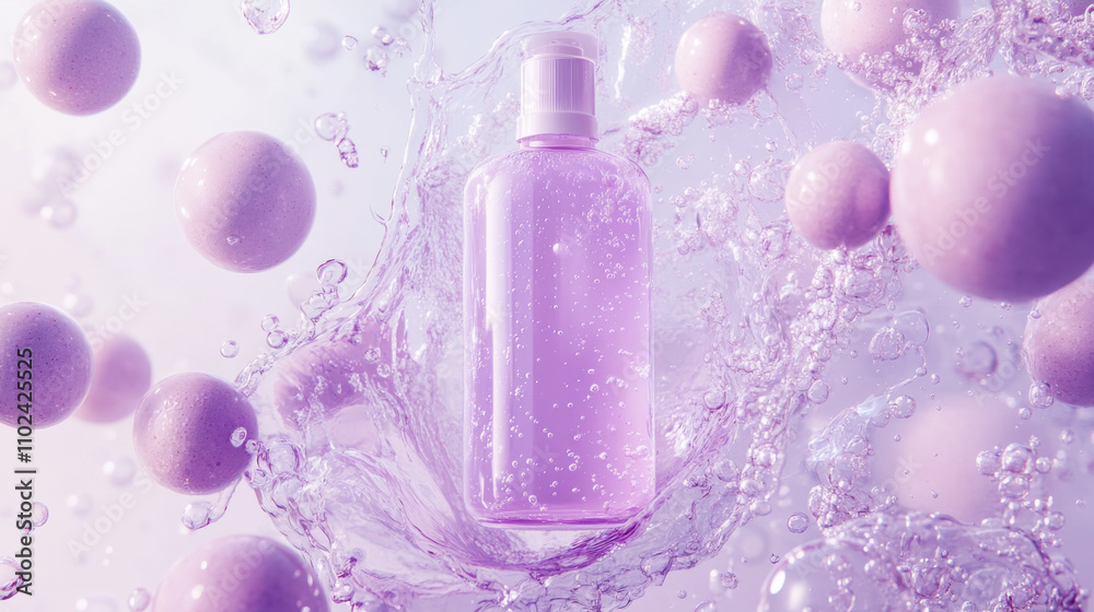 A lavender bottle surrounded by floating spheres splashes in water against a soft pastel background