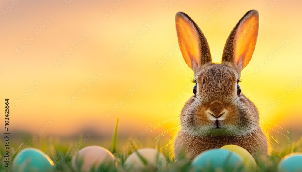 Rabbit sits among pastel colored eggs with a beautiful sunset in the background Rabbit sits among pastel colored eggs with a beautiful sunset in the background