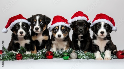 Group of puppies in Christmas hats, sitting together with festive props, isolated on a studio white backdrop photo