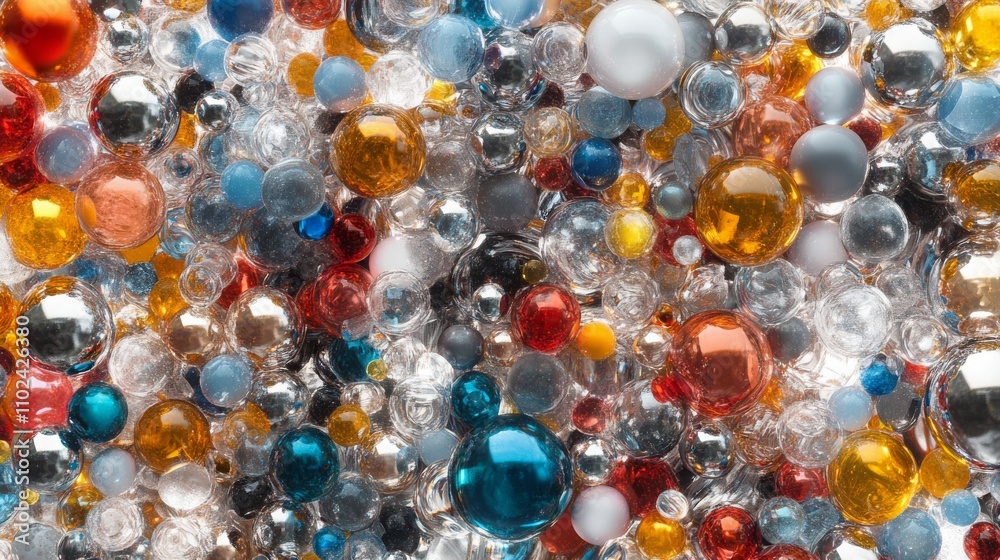 Multicolored glass and chrome balls scattered randomly in 3D.