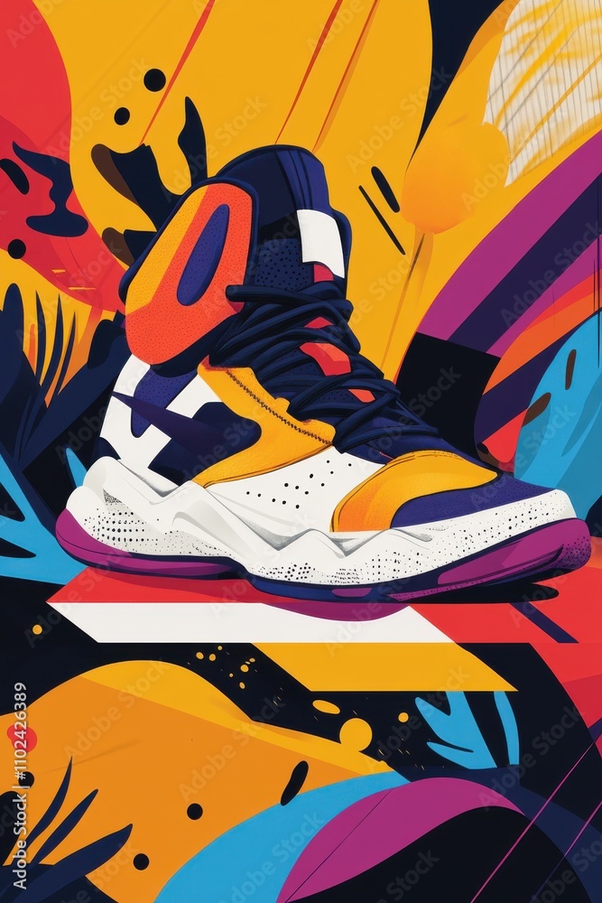 Fototapeta premium Vibrant basketball sneaker with bold colors, set against an abstract, colorful background full of dynamic shapes.