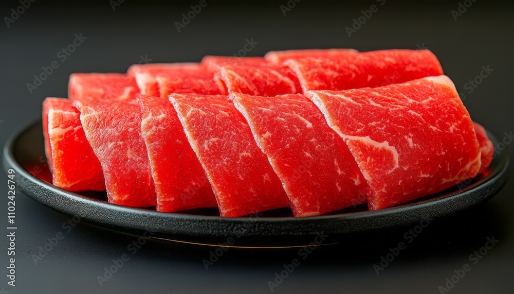 Thinly sliced premium beef arranged neatly, showcasing vibrant red color, ideal for grilling Thinly sliced premium beef arranged neatly, showcasing vibrant red color, ideal for grilling